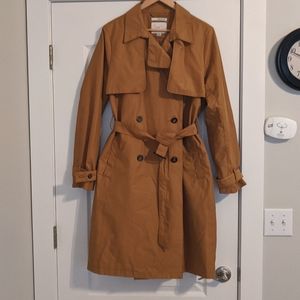 A new day: camel, water resistant, trench coat, medium.